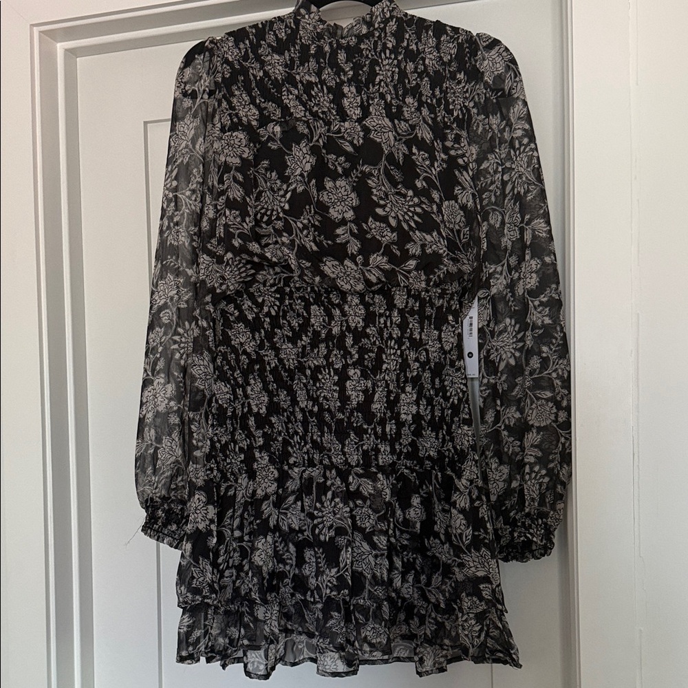 Aqua Black Floral Sheer Long Sleeve Smocked Mini Dress